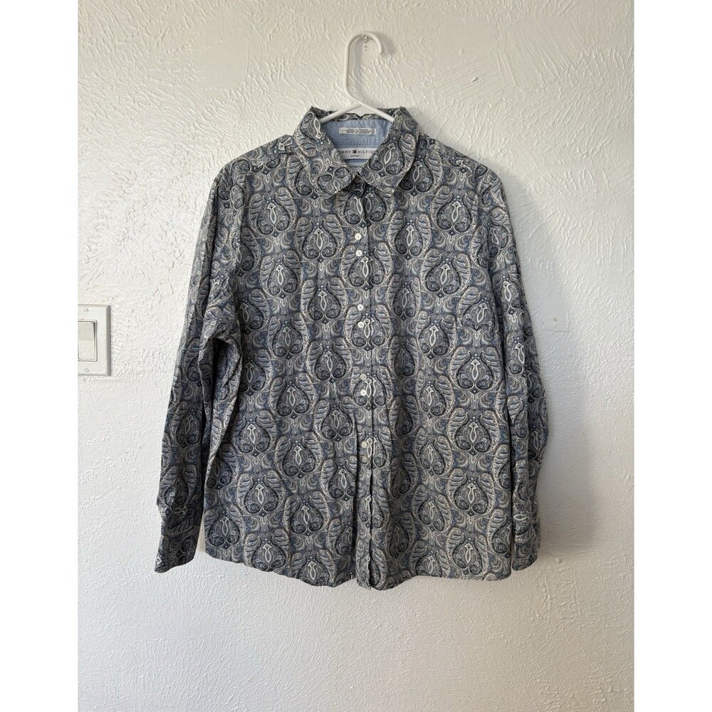 Tommy Hilfiger Women’s Stretch Blue & White Paisley Button Down Shirt Size 18